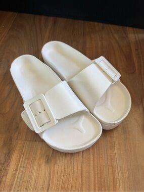 White Slide Sandals with Buckle Strap
